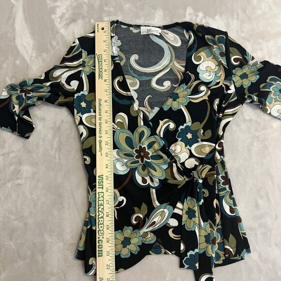 VTG Byer Top Womens Medium Black Retro Floral Wrap Stretch Y2K Boho Fairygrunge - Picture 7 of 11